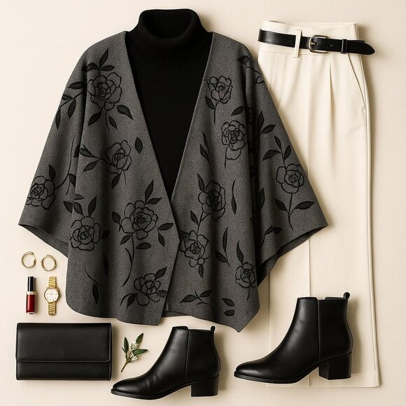 NWT Vintage Madison Ridge Wool Blend Cape | Gray Black Velvet Floral Evening - Picture 2 of 9